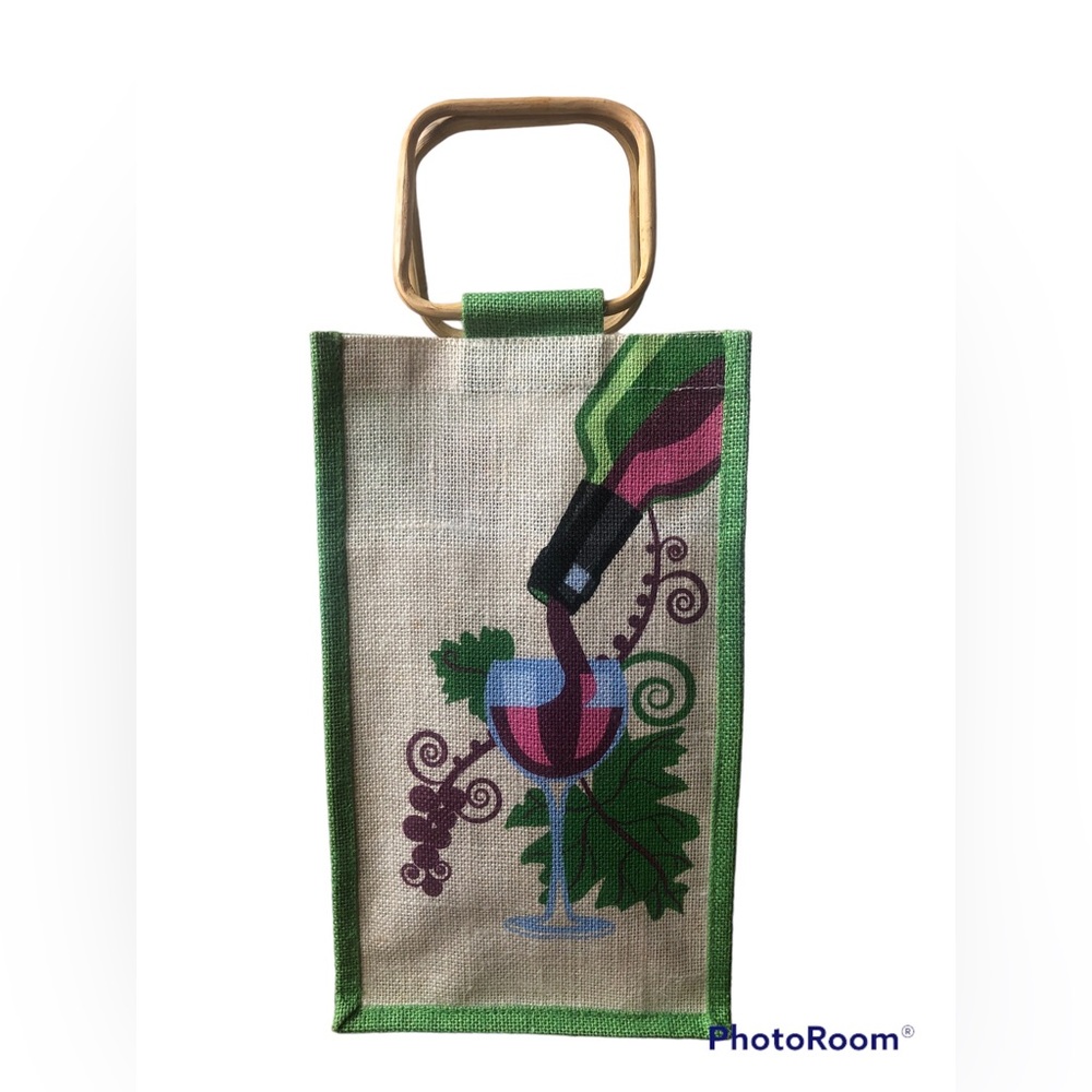 Jute Wine Gift Bag. Holds Two Bottles. Pockets Inside. Beautiful Bamboo Handles.